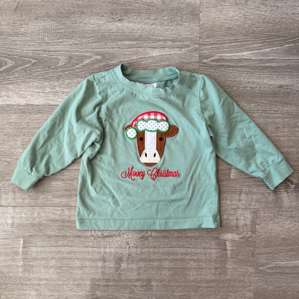 Smocked by Kayla & Lane Boys Mooey Christmas Cow Long Sleeve Tee Sage Green 2T